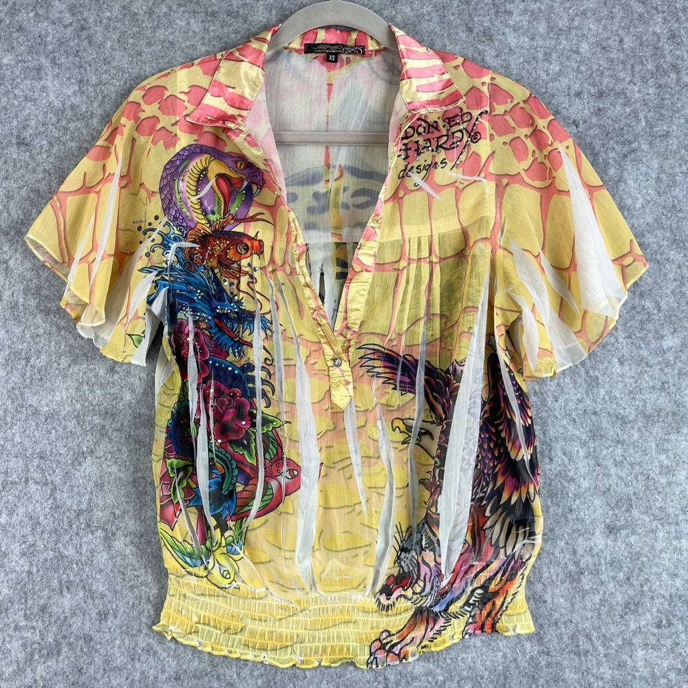 Ed Hardy Christian Audigier Y2K Top Womens XS Tiger Koi Fish Rhinstone FLAWS